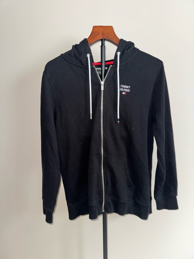 Tommy Hilfiger Black Full-Zip Hoodie With White Drawstrings